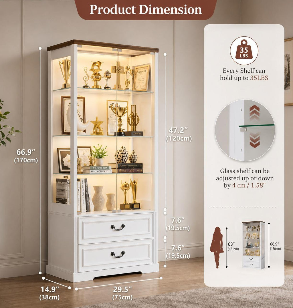 Tall Display Cabinet with Glass Doors, Drawers, Smart Sensor Lighting