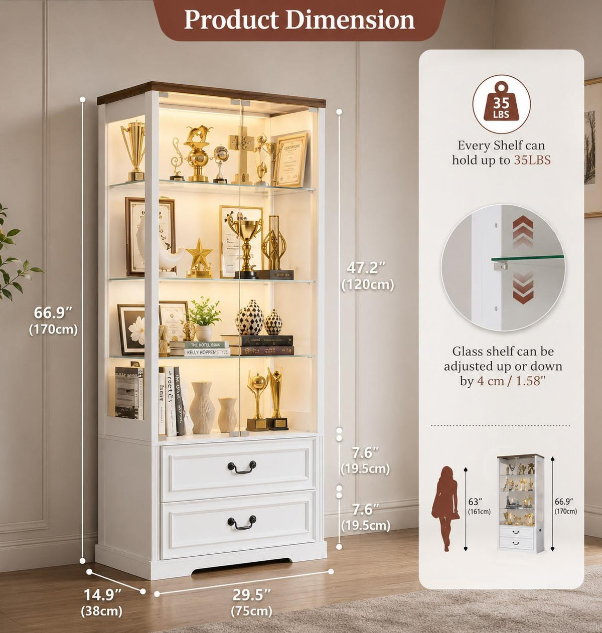 Tall Display Cabinet with Glass Doors, Drawers, Smart Sensor Lighting