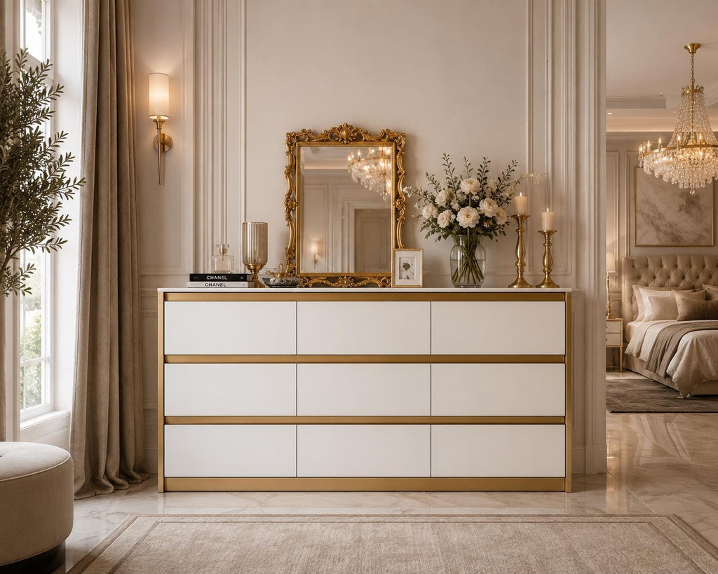 63" Wide White 9-Drawer Dresser, Modern Handle-Free Storage Cabinet