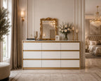 63" Wide White 9-Drawer Dresser, Modern Handle-Free Storage Cabinet