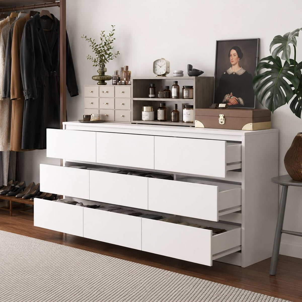 63" Wide White 9-Drawer Dresser, Modern Handle-Free Storage Cabinet