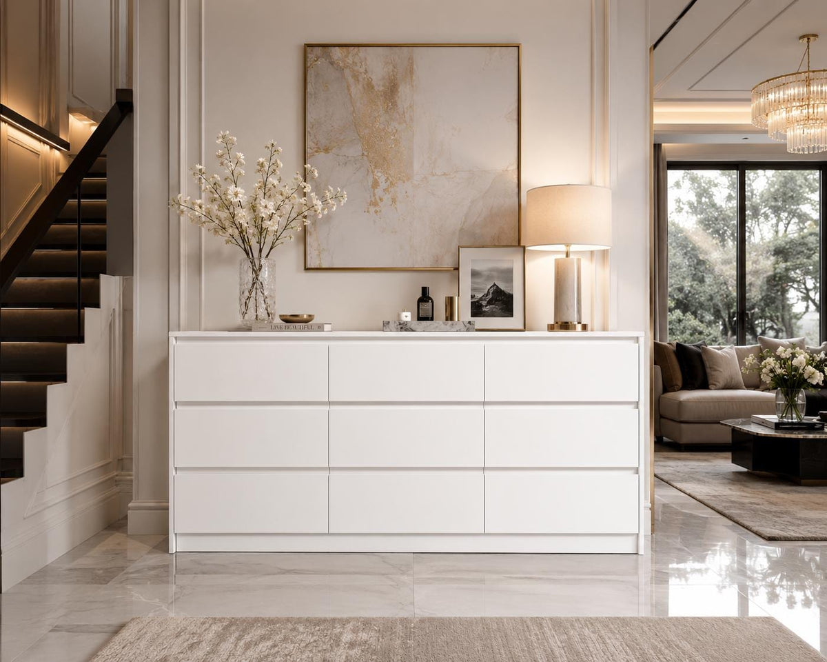 63" Wide White 9-Drawer Dresser, Modern Handle-Free Storage Cabinet