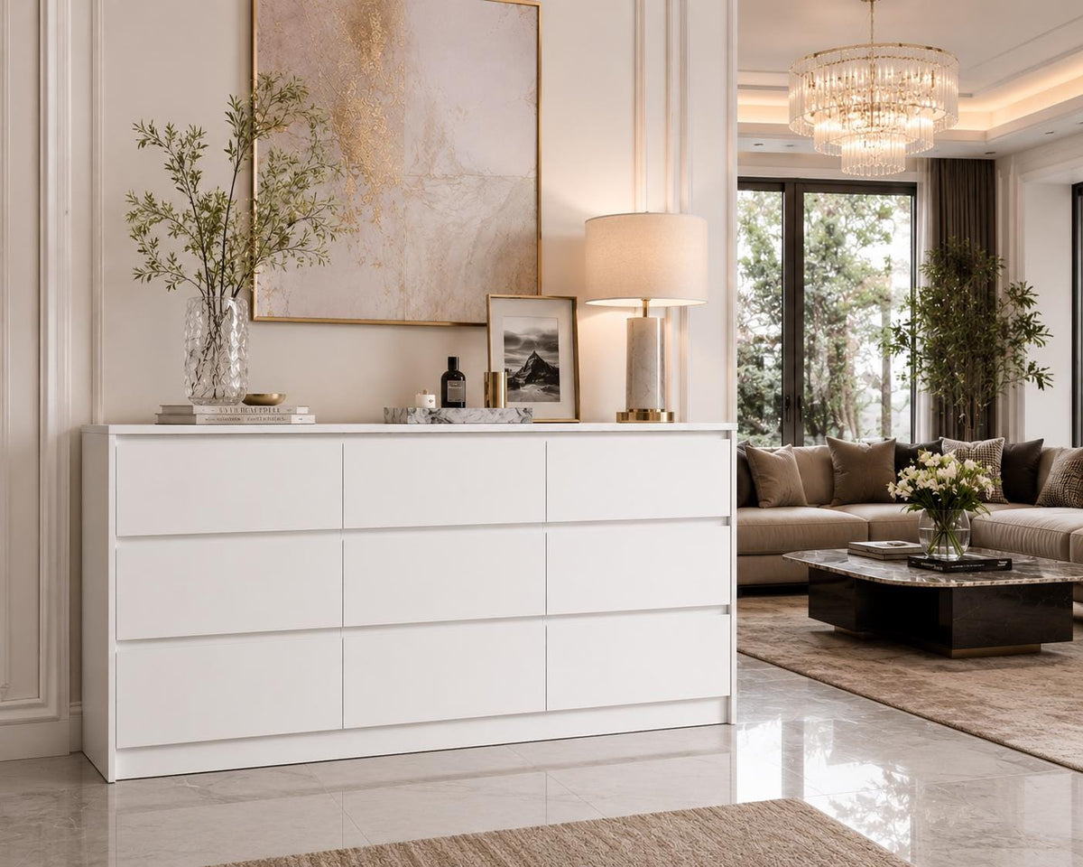63" Wide White 9-Drawer Dresser, Modern Handle-Free Storage Cabinet