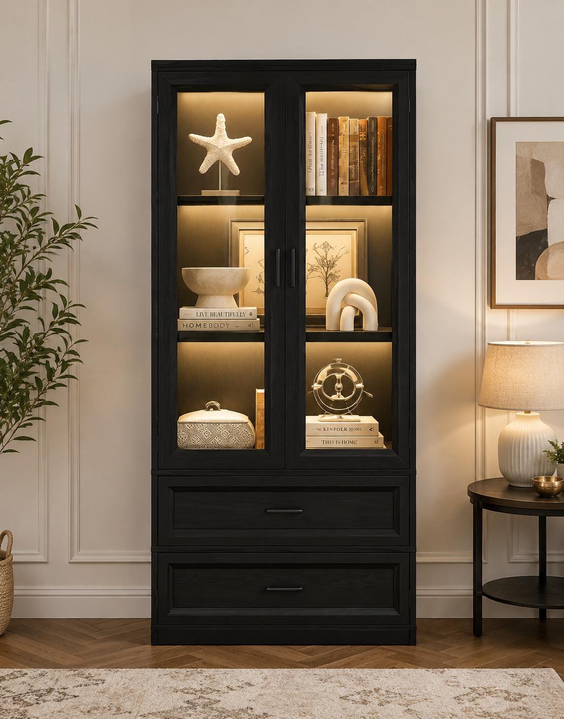 Display Cabinet with LED Lights, 67" Bookcase with Drawers, Curio Storage Case