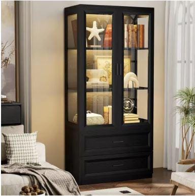 Display Cabinet with LED Lights, 67" Bookcase with Drawers, Curio Storage Case