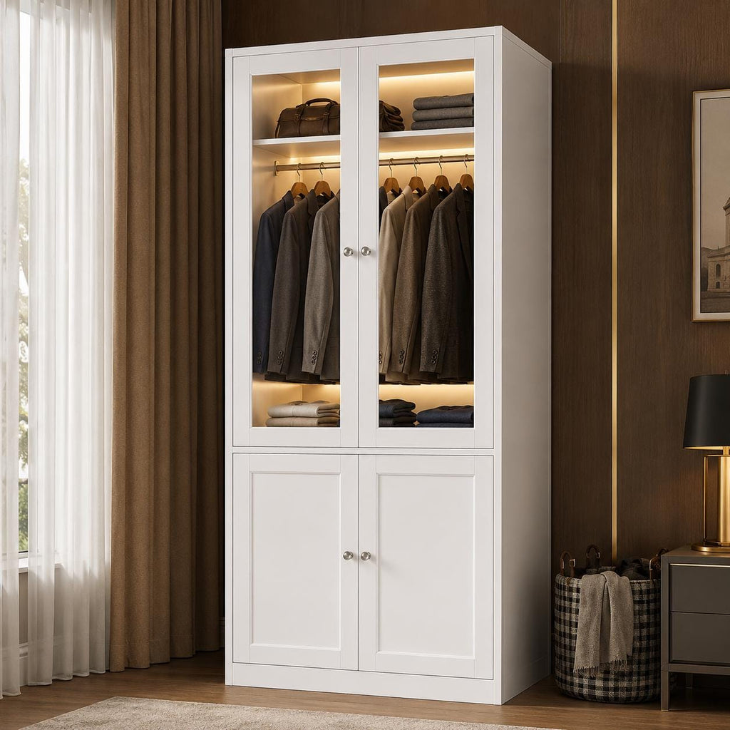 Tall Armoire Wardrobe Closet, White, Glass Doors, LED Lights, Storage Cabinet