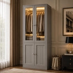 Tall Armoire Wardrobe Closet, White, Glass Doors, LED Lights, Storage Cabinet