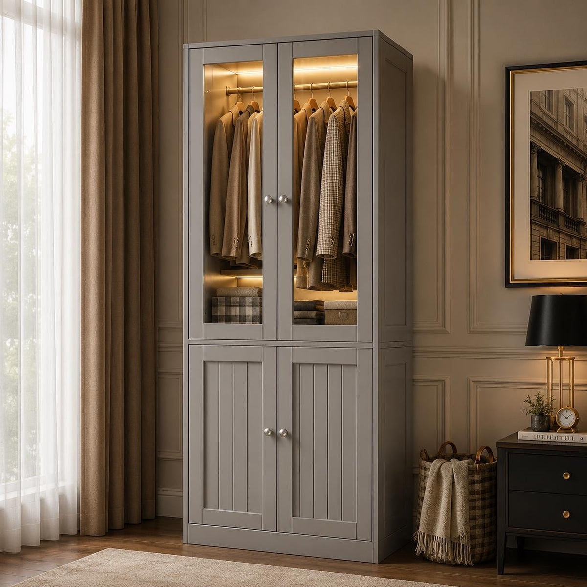 Tall Armoire Wardrobe Closet, White, Glass Doors, LED Lights, Storage Cabinet