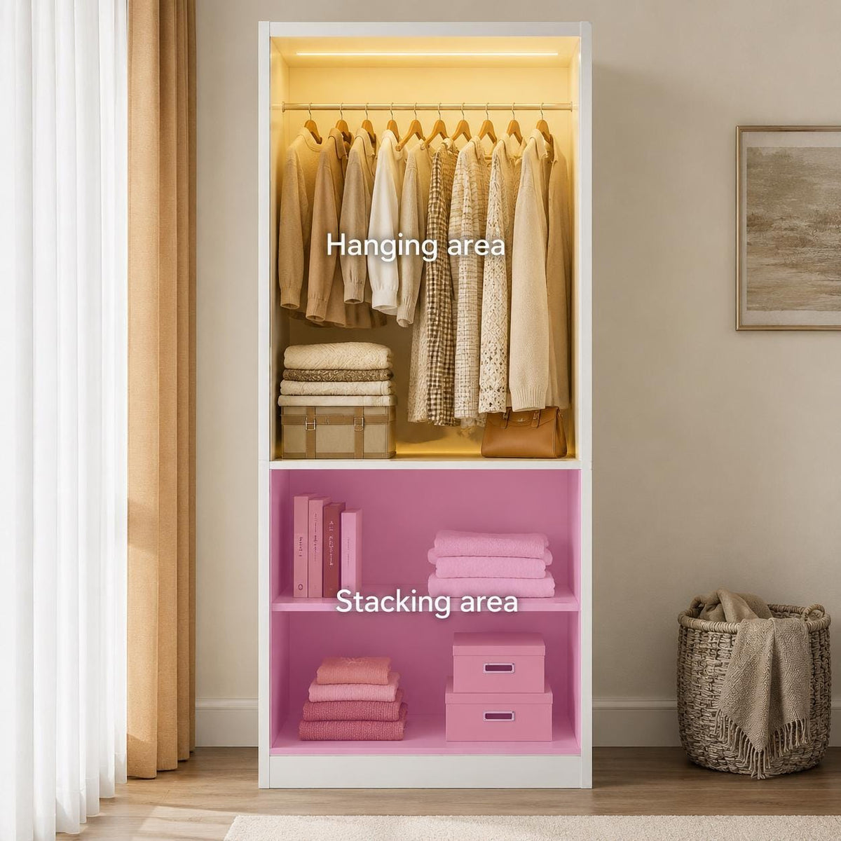 Tall Armoire Wardrobe Closet, White, Glass Doors, LED Lights, Storage Cabinet