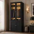 Tall Armoire Wardrobe Closet, White, Glass Doors, LED Lights, Storage Cabinet