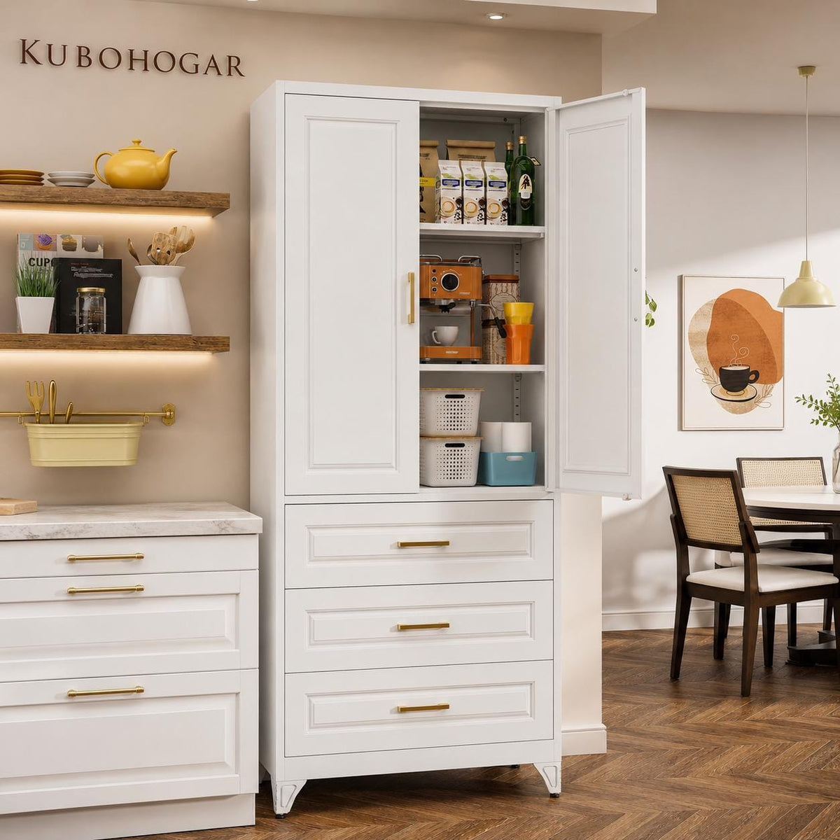 Large Metal Pantry Cabinet with Drawer – Cold Rolled Steel Storage Cabinet with Adjustable Shelves, Anti-Tip Kitchen Organizer,