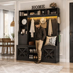 Farmhouse Hall Tree with Bench and Shoe Storage, Entryway Coat Rack, LED Lighting