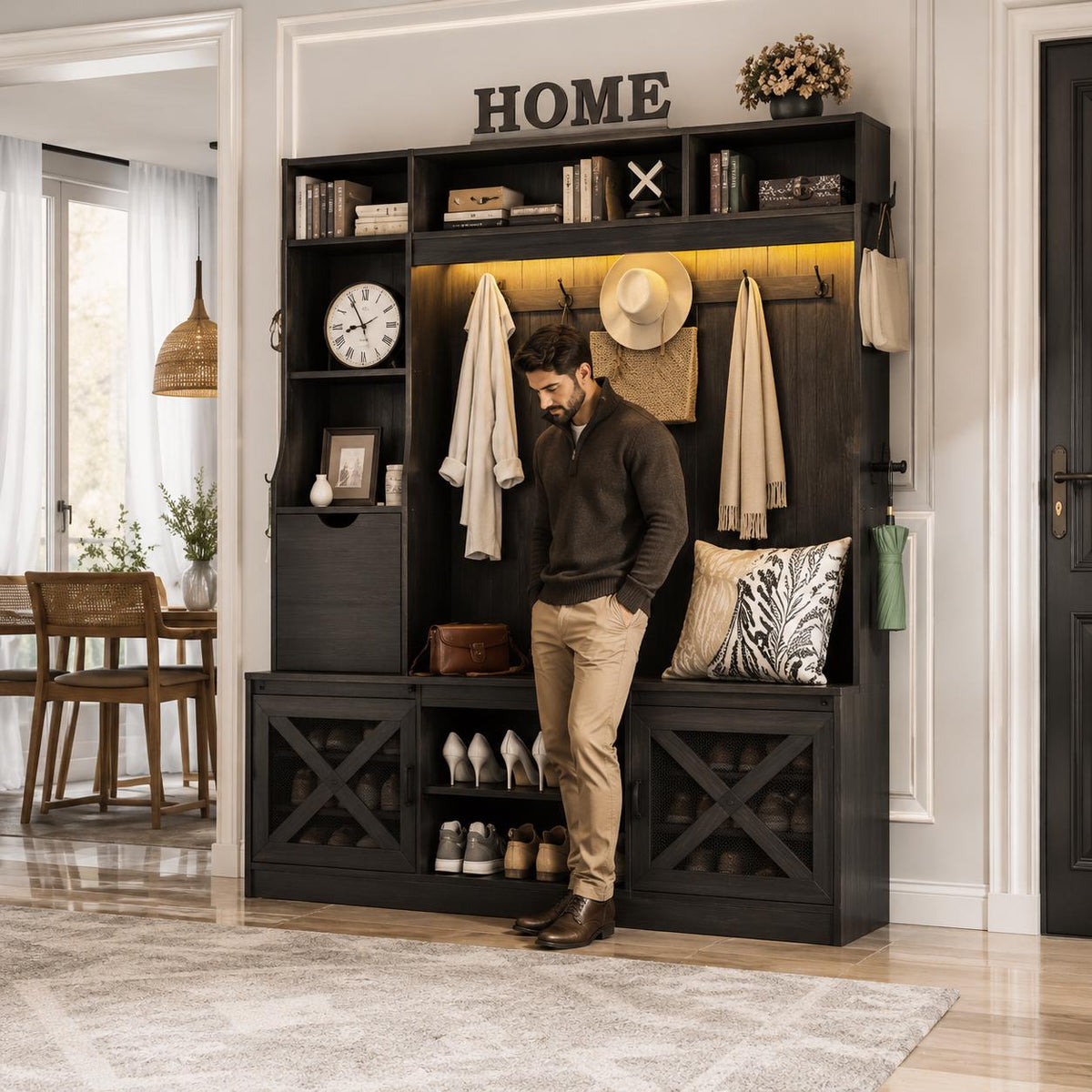 Farmhouse Hall Tree with Bench and Shoe Storage, Entryway Coat Rack, LED Lighting