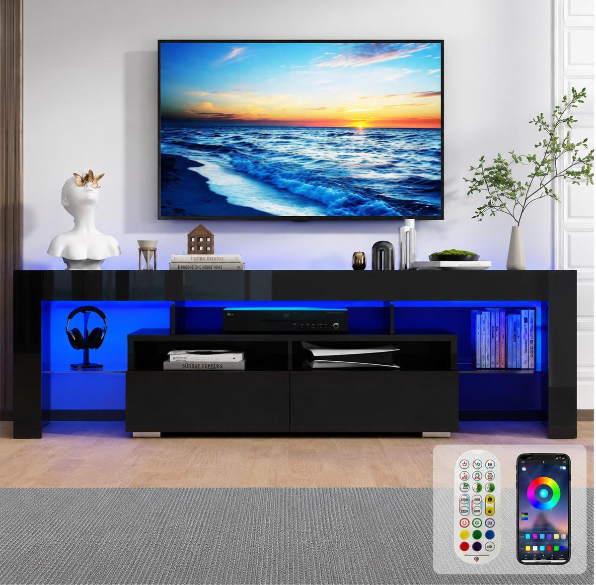 63-Inch High Gloss Media Console with RGB LED Lighting and Storage Drawers