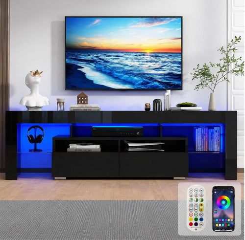 63-Inch High Gloss Media Console with RGB LED Lighting and Storage Drawers