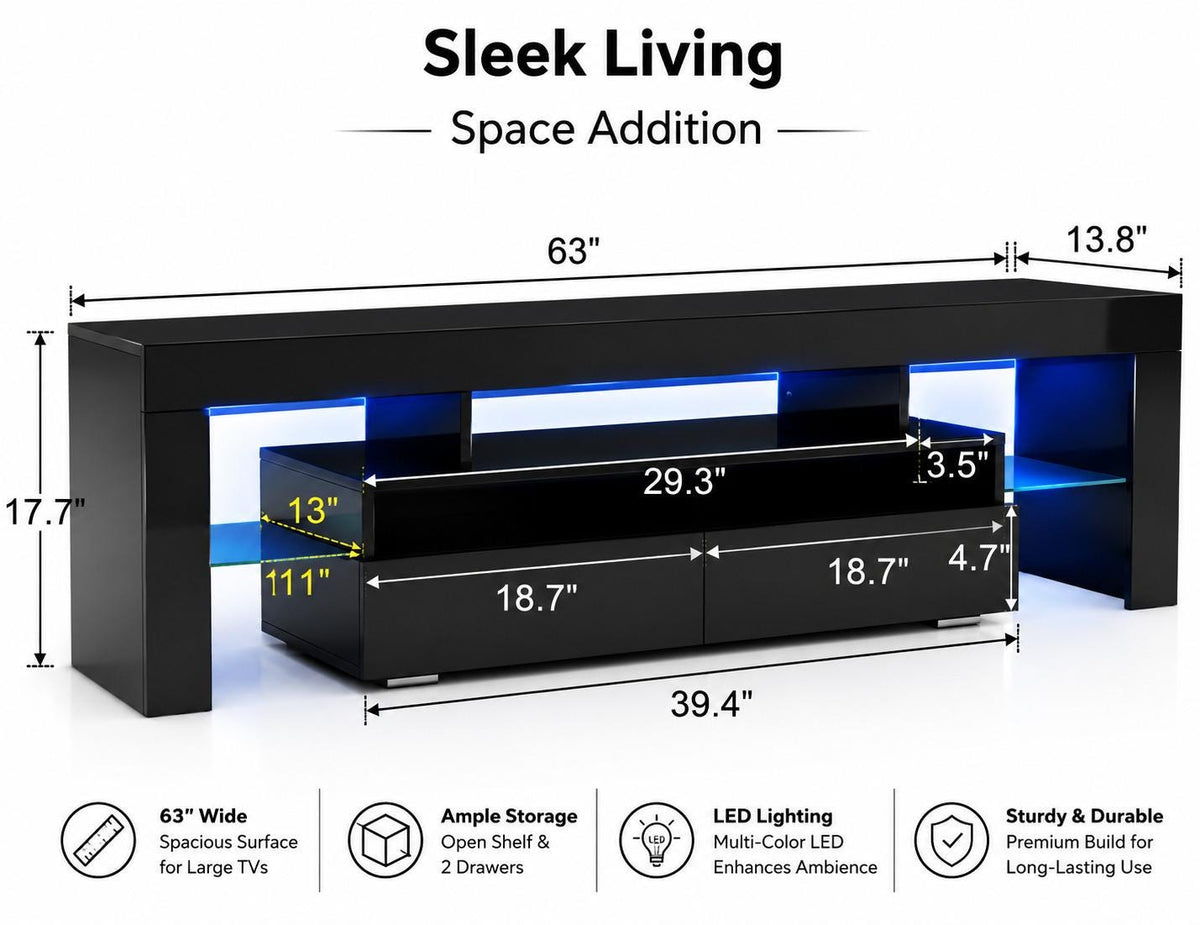63-Inch High Gloss Media Console with RGB LED Lighting and Storage Drawers