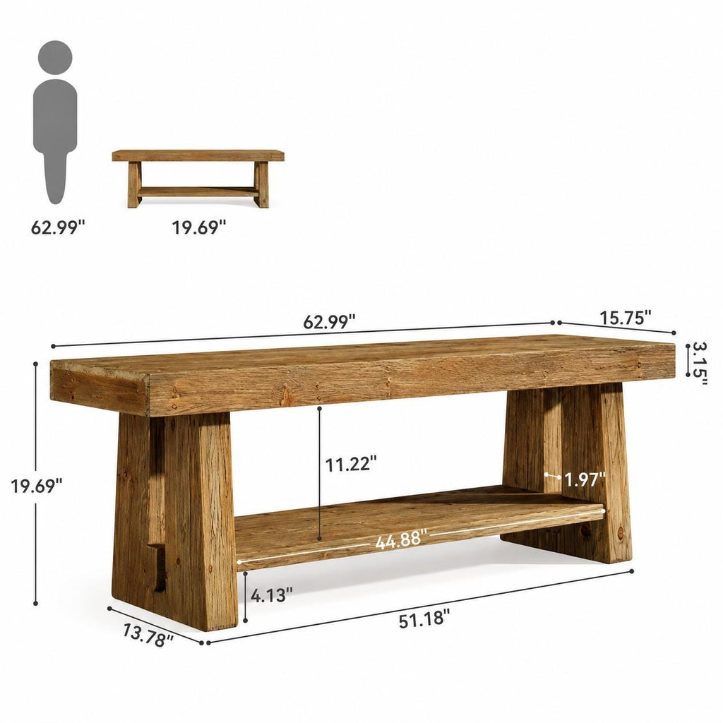 Solid Wood Entryway Bench, 2-Tier Storage, Armhouse Style Indoor Bench