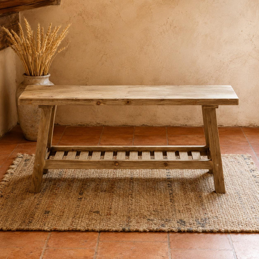 Farmhouse Rustic Wood Dining Table & Chairs with Shelves, Entryway Shoe Bench and Bedside Bench