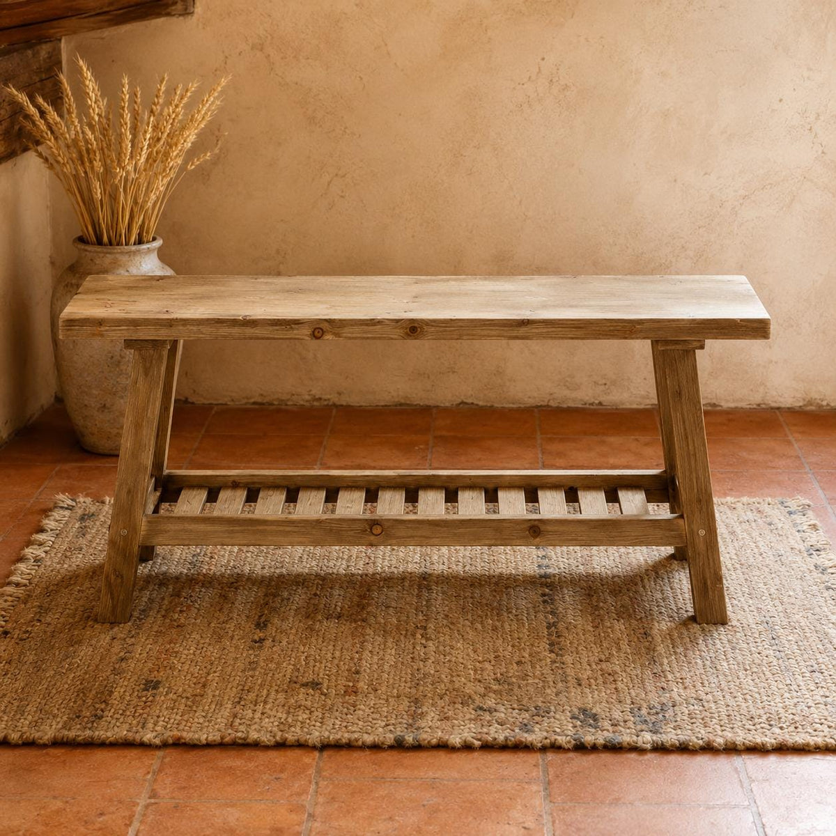 Farmhouse Rustic Wood Dining Table & Chairs with Shelves, Entryway Shoe Bench and Bedside Bench