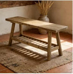 Farmhouse Rustic Wood Dining Table & Chairs with Shelves, Entryway Shoe Bench and Bedside Bench