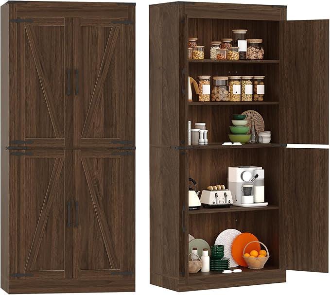 71" Rustic Farmhouse Barn Door Storage Cabinet – Dark Walnut Wood Armoire with 4 Doors