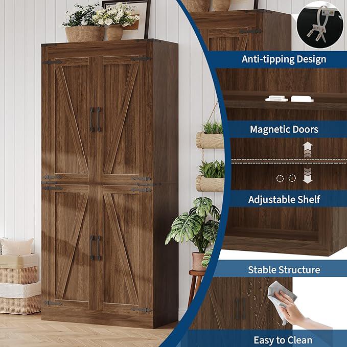 71" Rustic Farmhouse Barn Door Storage Cabinet – Dark Walnut Wood Armoire with 4 Doors