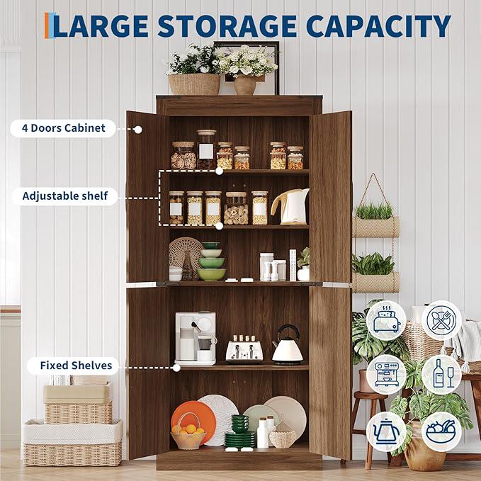 71" Rustic Farmhouse Barn Door Storage Cabinet – Dark Walnut Wood Armoire with 4 Doors