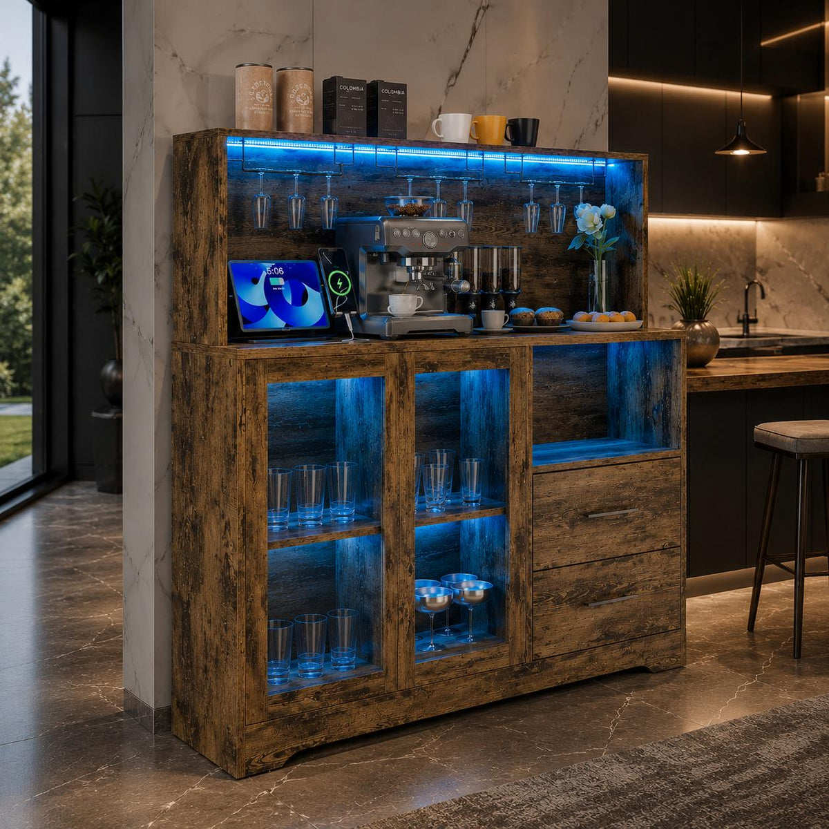 Rustic Farmhouse Coffee Bar Cabinet with LED Lights, Kitchen Storage Station