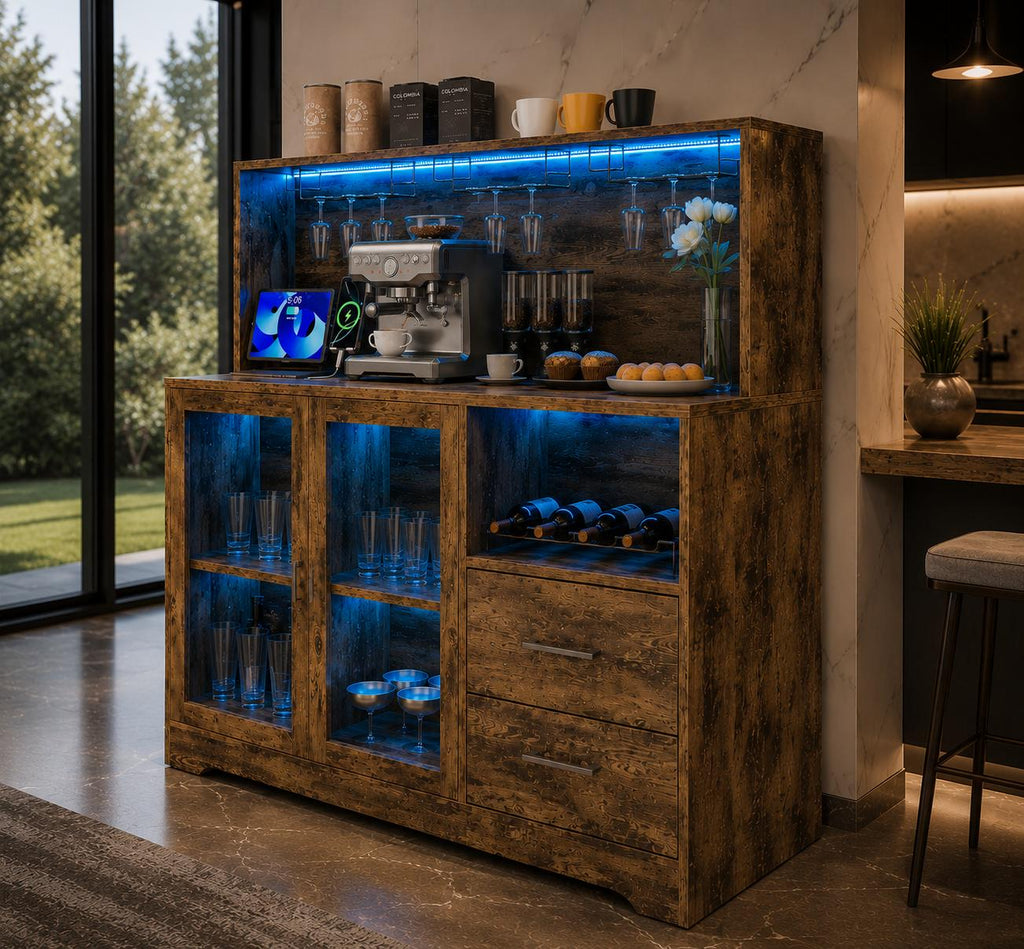 Rustic Farmhouse Coffee Bar Cabinet with LED Lights, Kitchen Storage Station