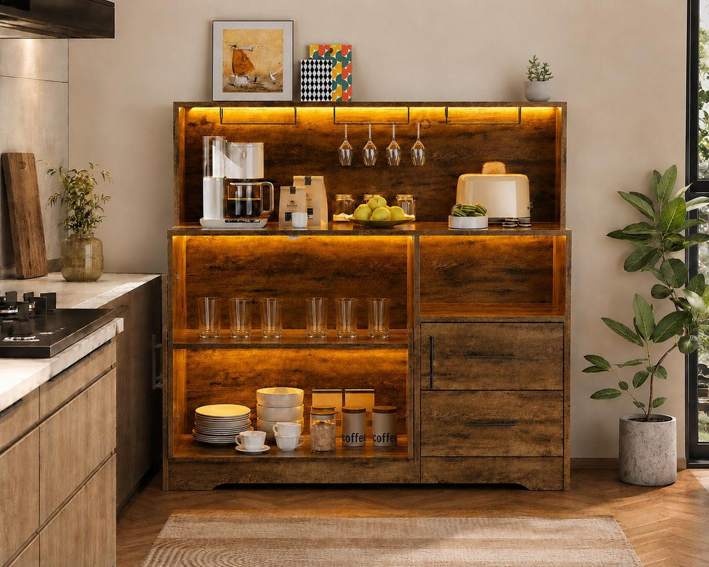 Rustic Farmhouse Coffee Bar Cabinet with LED Lights, Kitchen Glass Storage Drawers