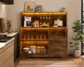 Rustic Farmhouse Coffee Bar Cabinet with LED Lights, Kitchen Glass Storage Drawers