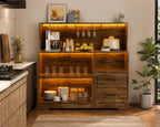 Rustic Farmhouse Coffee Bar Cabinet with LED Lights, Kitchen Glass Storage Drawers
