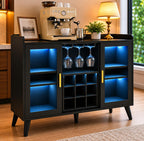 Modern Black Coffee Bar Cabinet with LED Lights, Glass Holder Storage Sideboard