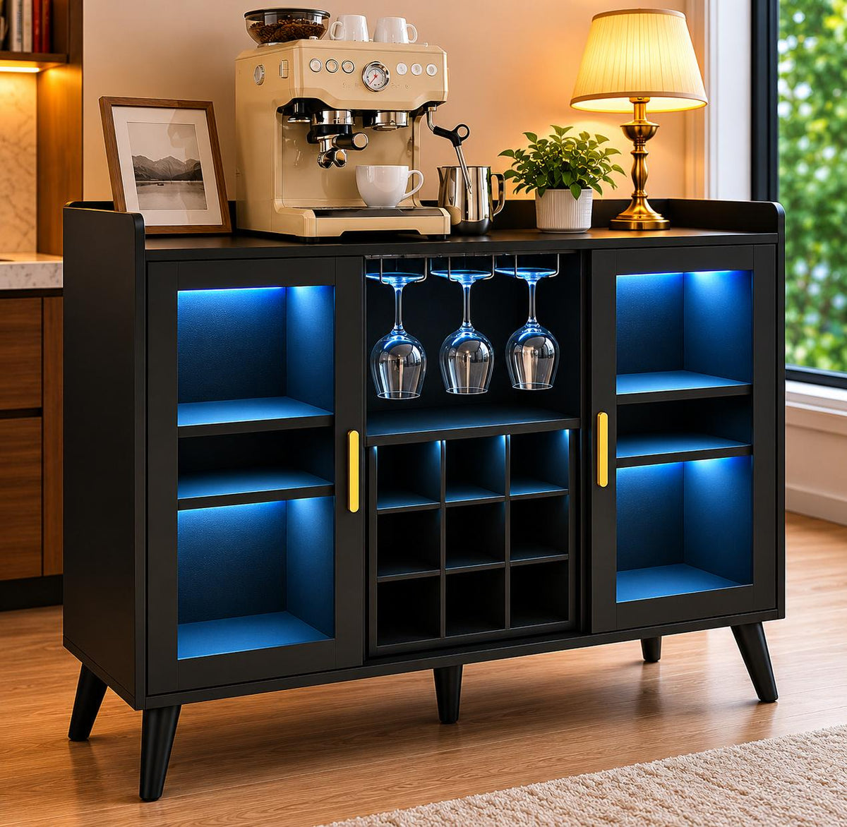 Modern Black Coffee Bar Cabinet with LED Lights, Glass Holder Storage Sideboard