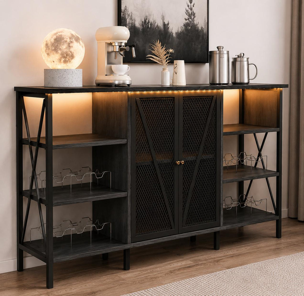 Industrial Coffee Bar Cabinet with LED Lights, Rustic Buffet Storage Sideboard