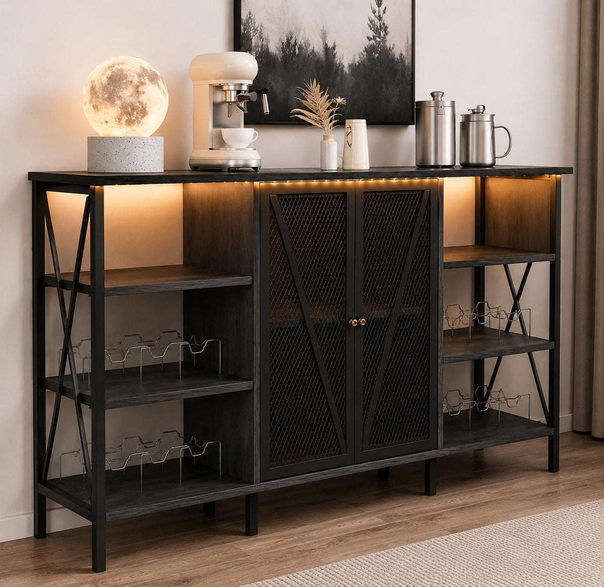 Industrial Coffee Bar Cabinet with LED Lights, Rustic Buffet Storage Sideboard