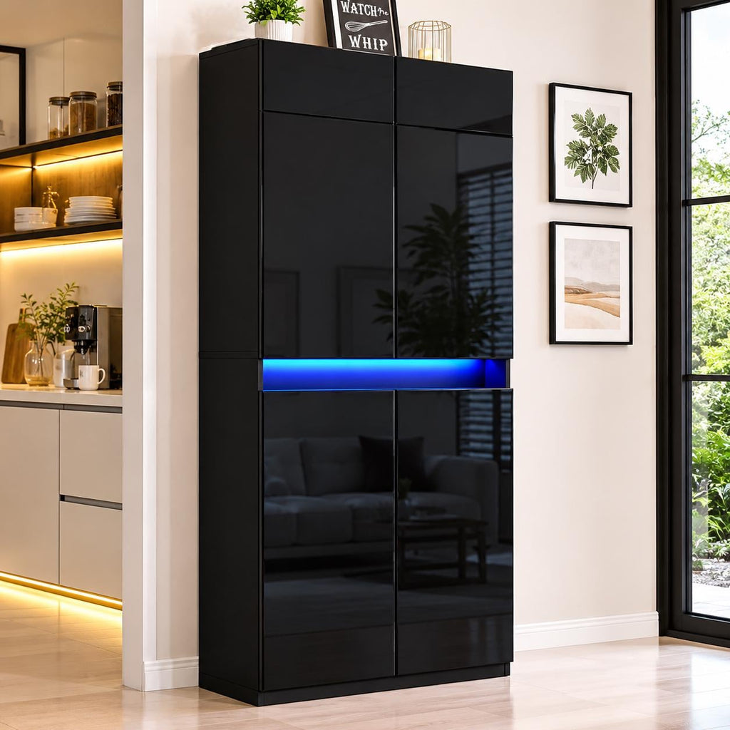 High Gloss LED Pantry Cabinet, Modern Kitchen Storage, 4 Doors, App Controlled Lights