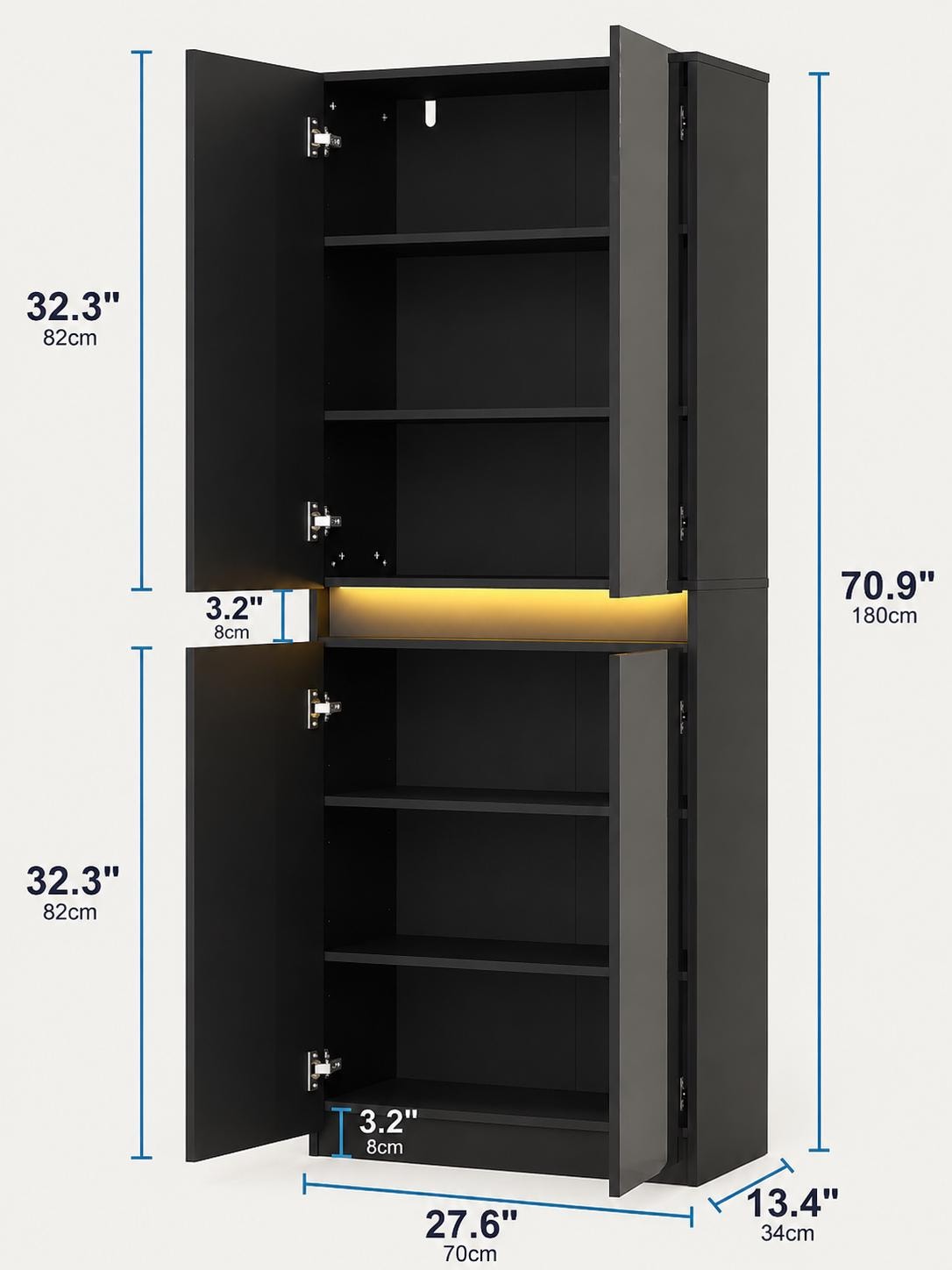 High Gloss LED Pantry Cabinet, Modern Kitchen Storage, 4 Doors, App Controlled Lights