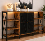 Industrial Coffee Bar Cabinet with LED Lights, Rustic Buffet Storage Sideboard