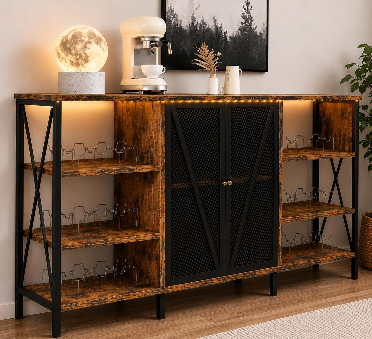 Industrial Coffee Bar Cabinet with LED Lights, Rustic Buffet Storage Sideboard