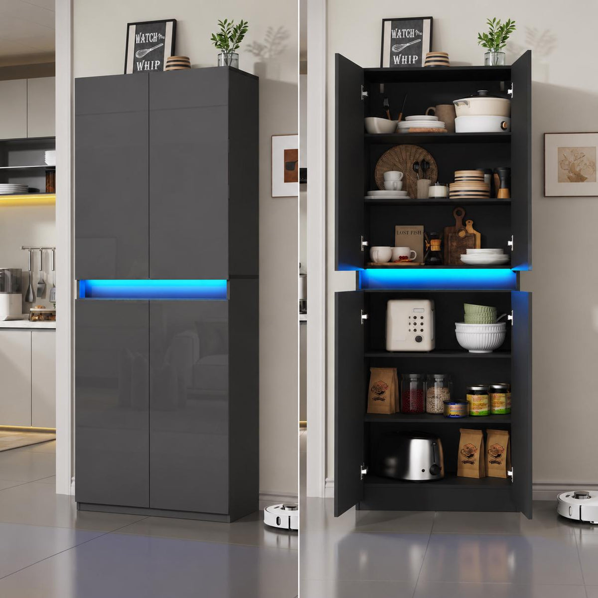 High Gloss LED Pantry Cabinet, Modern Kitchen Storage, 4 Doors, App Controlled Lights