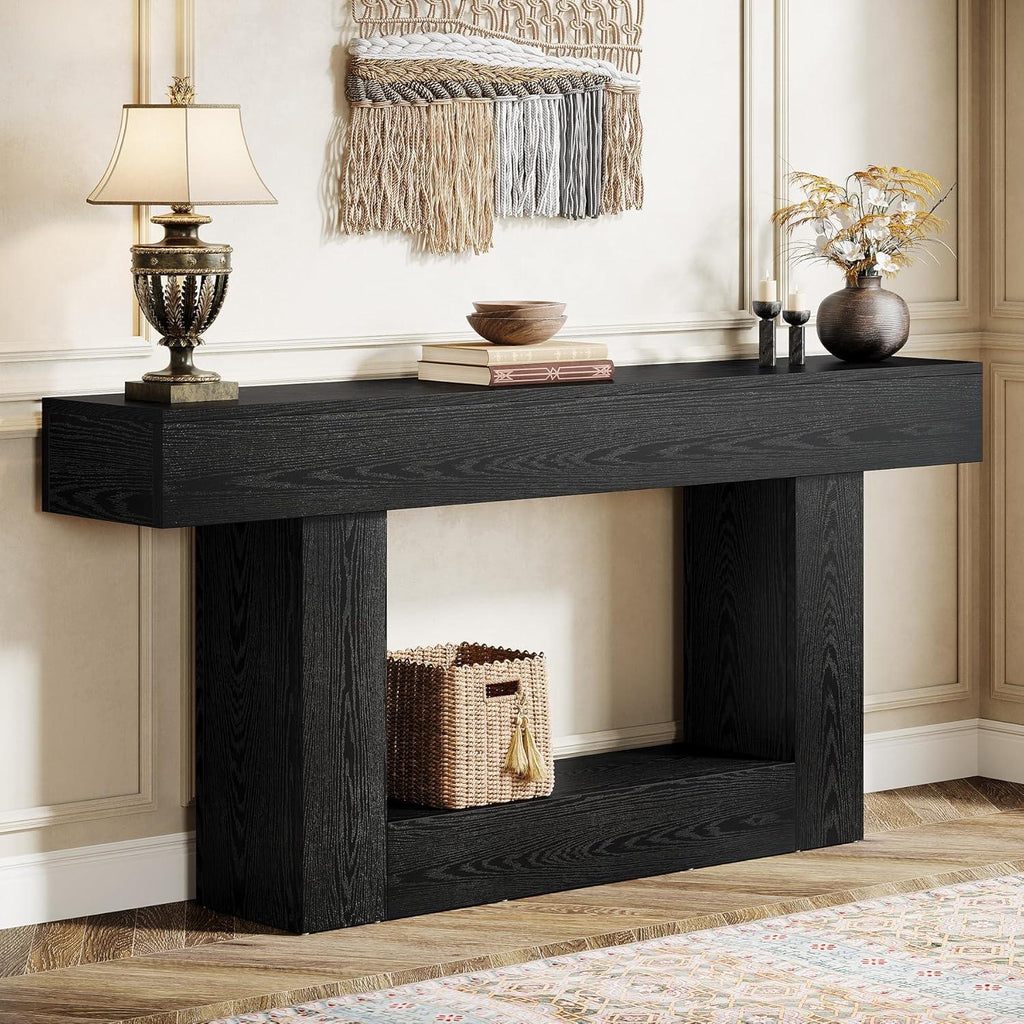 Farmhouse Console Table, Rustic Wood Entryway Sofa Table, U-Shaped Base Storage