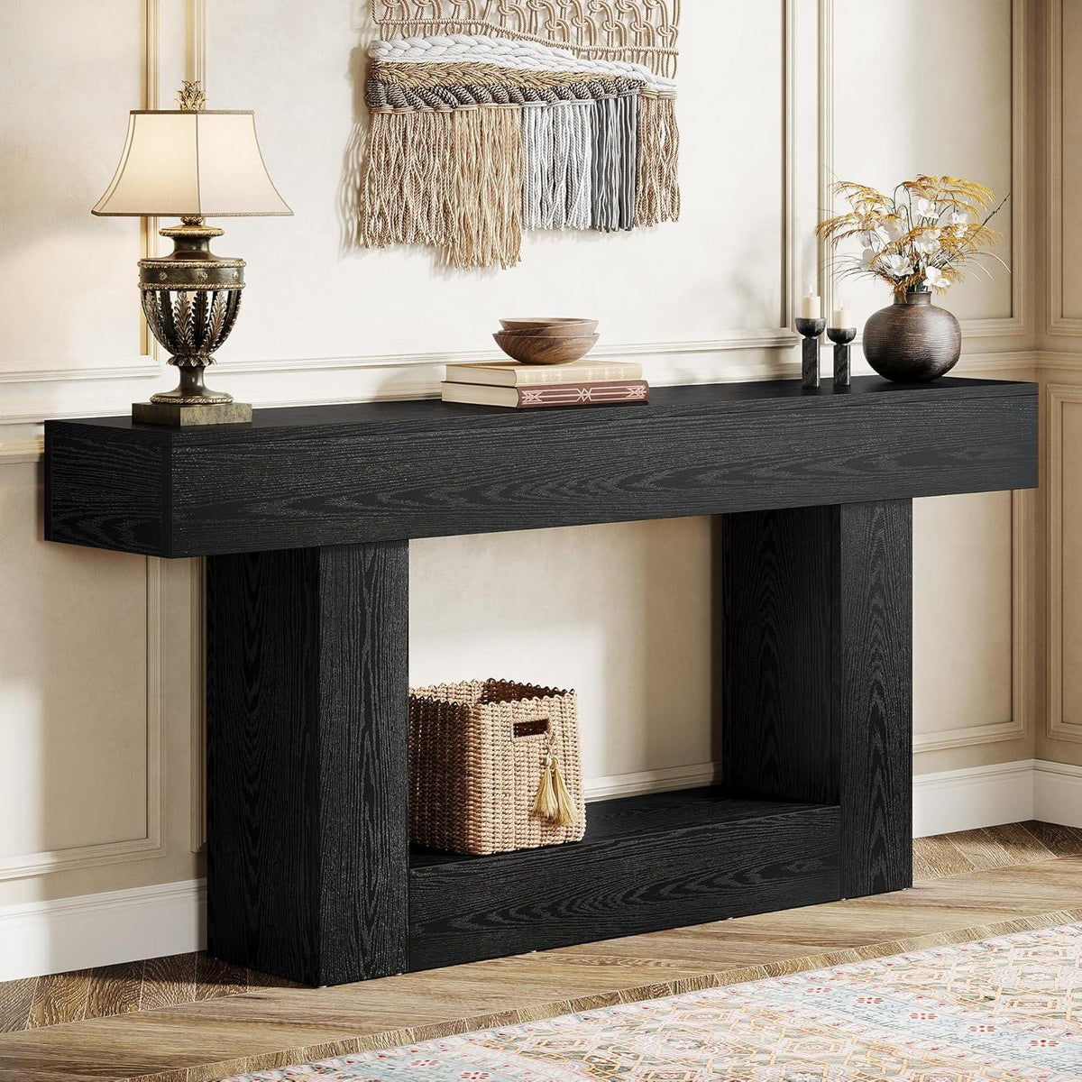 Farmhouse Console Table, Rustic Wood Entryway Sofa Table, U-Shaped Base Storage