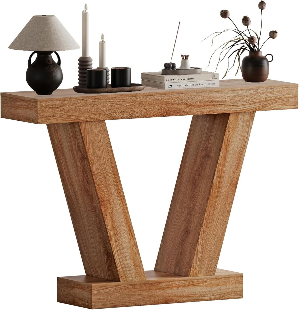 Farmhouse V-Shaped Console Table, Light Oak Entryway Sofa Table