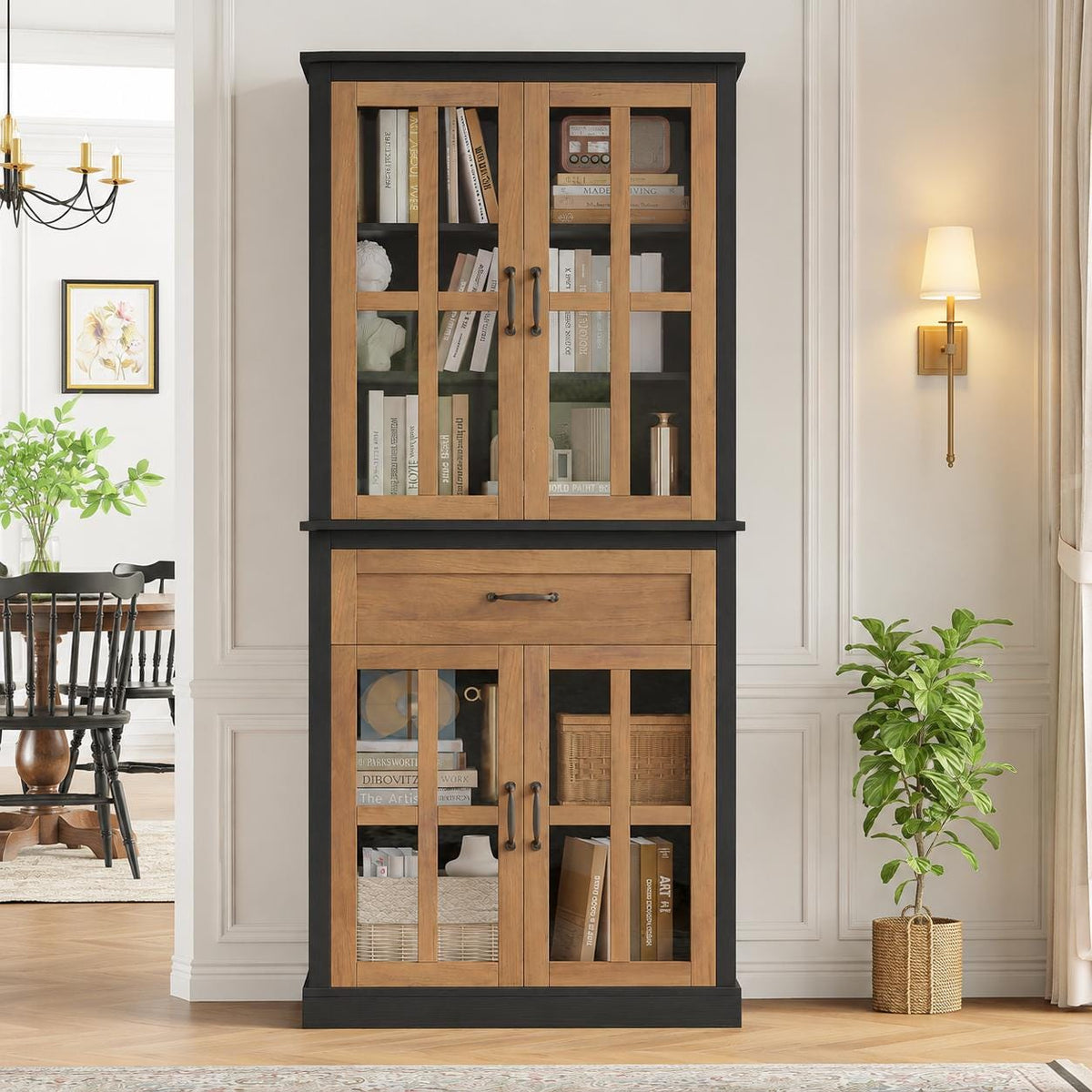 71" Tall Kitchen Pantry Cabinet with Glass Doors & Drawer – Freestanding Food Storage Cabinet with Adjustable Shelves