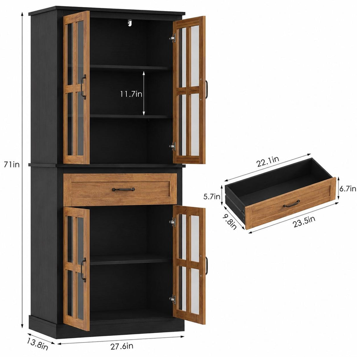 71" Tall Kitchen Pantry Cabinet with Glass Doors & Drawer – Freestanding Food Storage Cabinet with Adjustable Shelves