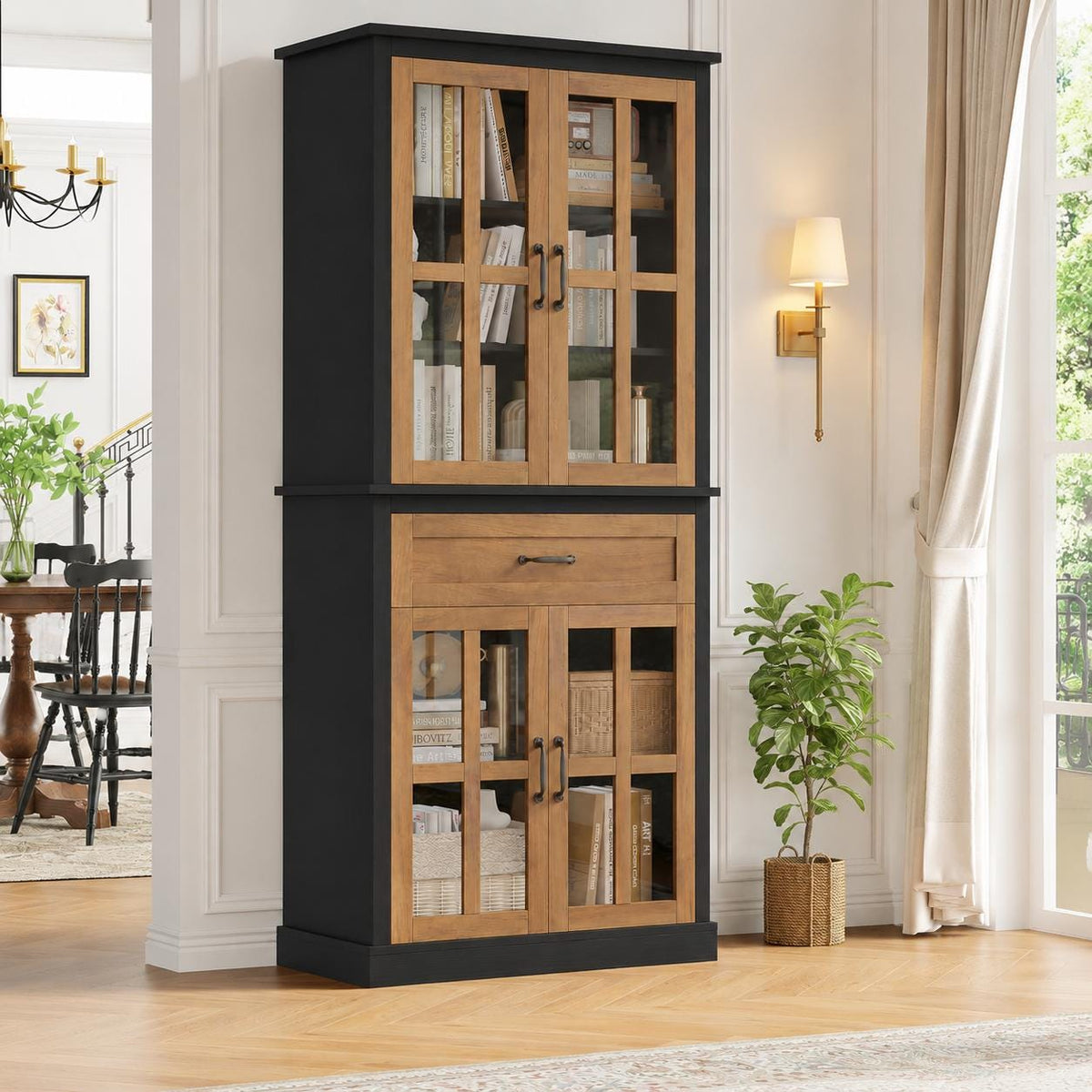 71" Tall Kitchen Pantry Cabinet with Glass Doors & Drawer – Freestanding Food Storage Cabinet with Adjustable Shelves