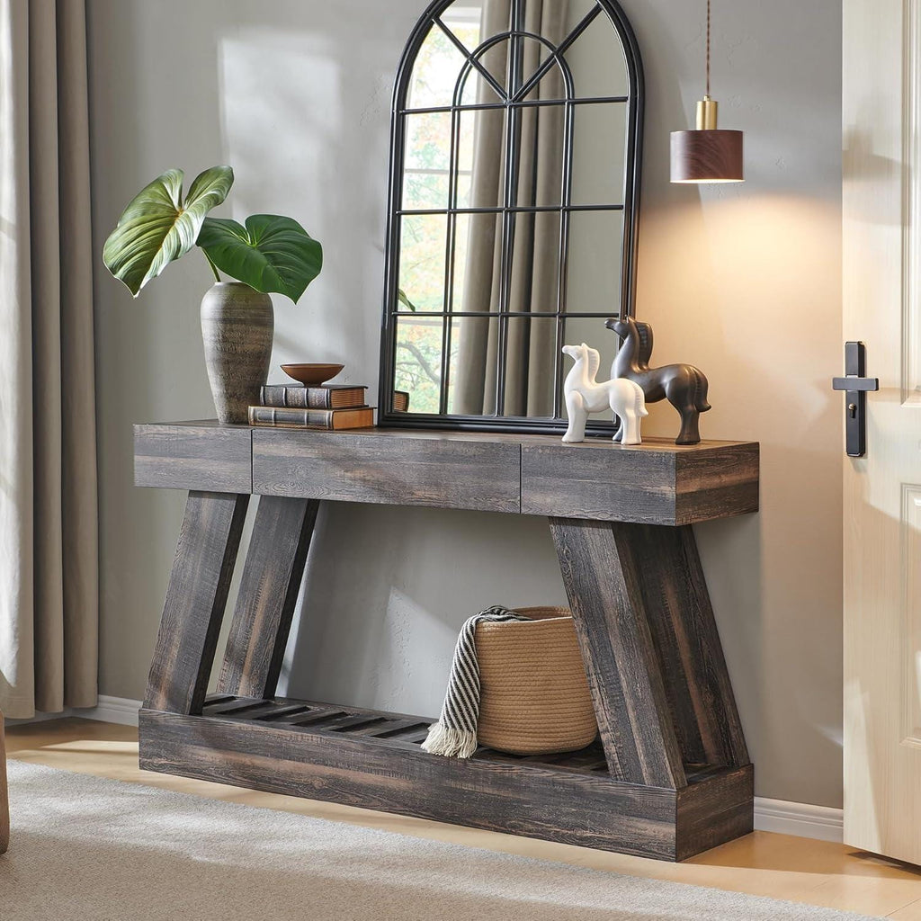 Farmhouse Entryway Table, 60" Wooden Hallway Foyer Table with Drawer, Heavy Duty Base