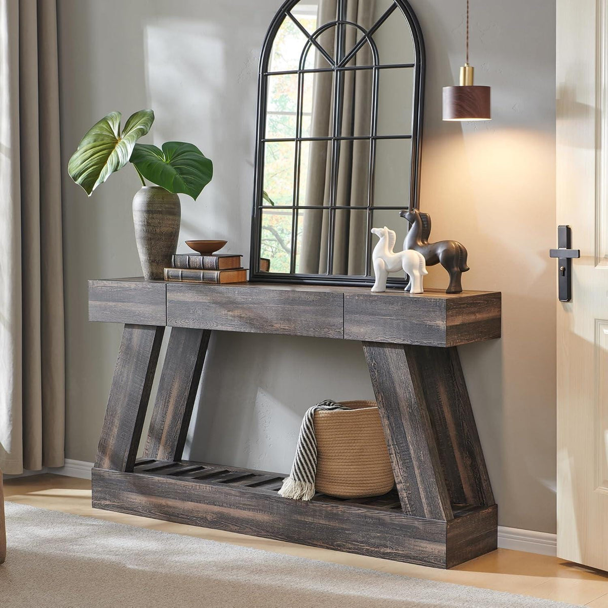 Farmhouse Entryway Table, 60" Wooden Hallway Foyer Table with Drawer, Heavy Duty Base