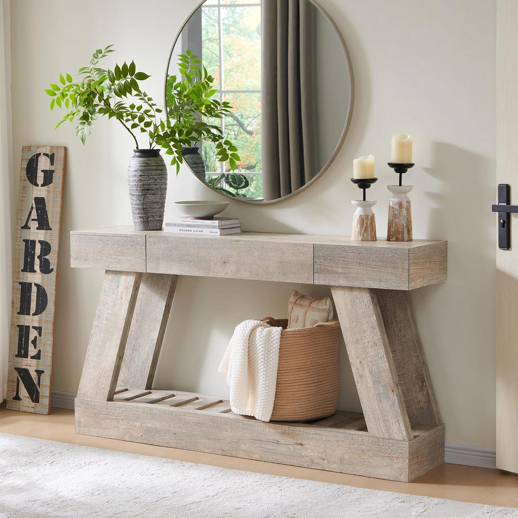 Farmhouse Entryway Table, 60" Wooden Hallway Foyer Table with Drawer, Heavy Duty Base